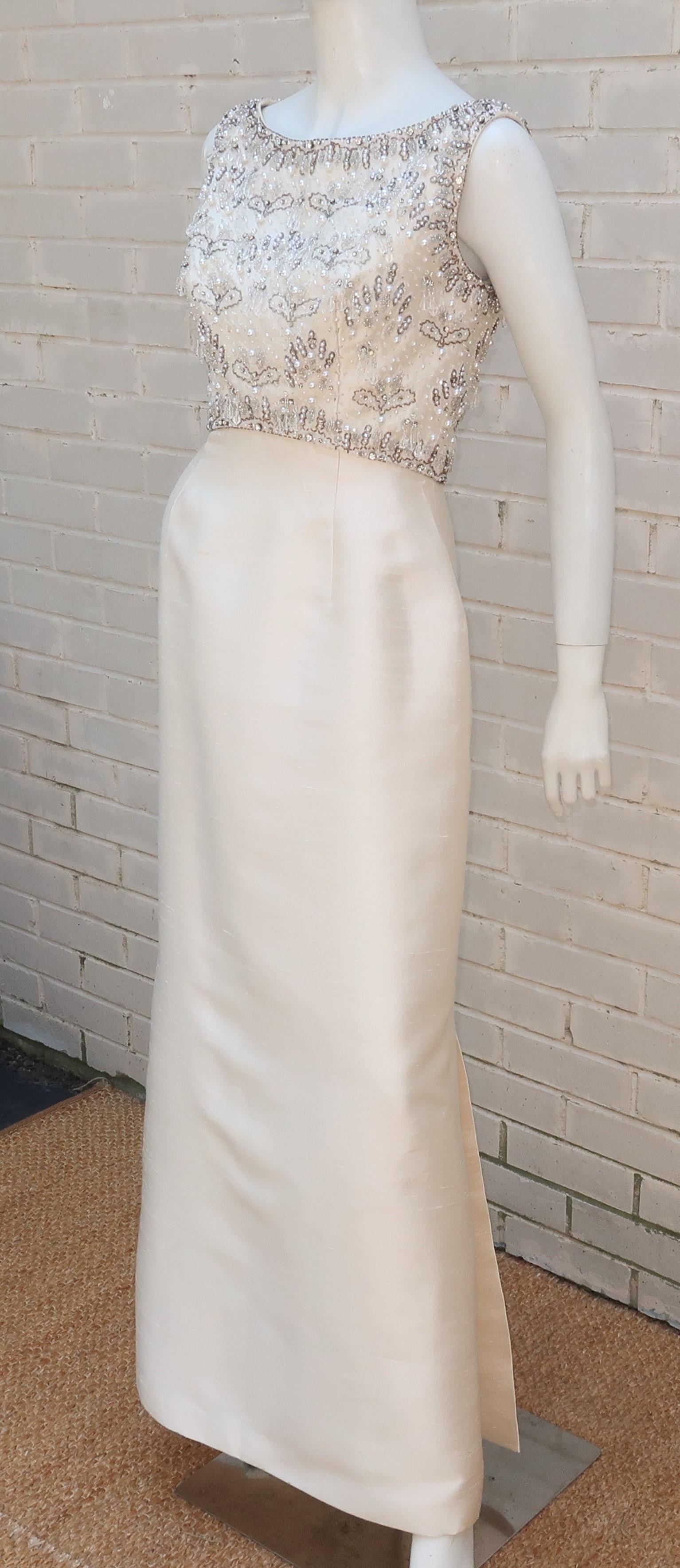 White Silk Dupioni Beaded Evening Dress With Mink Trimmed Jacket, 1960's 3