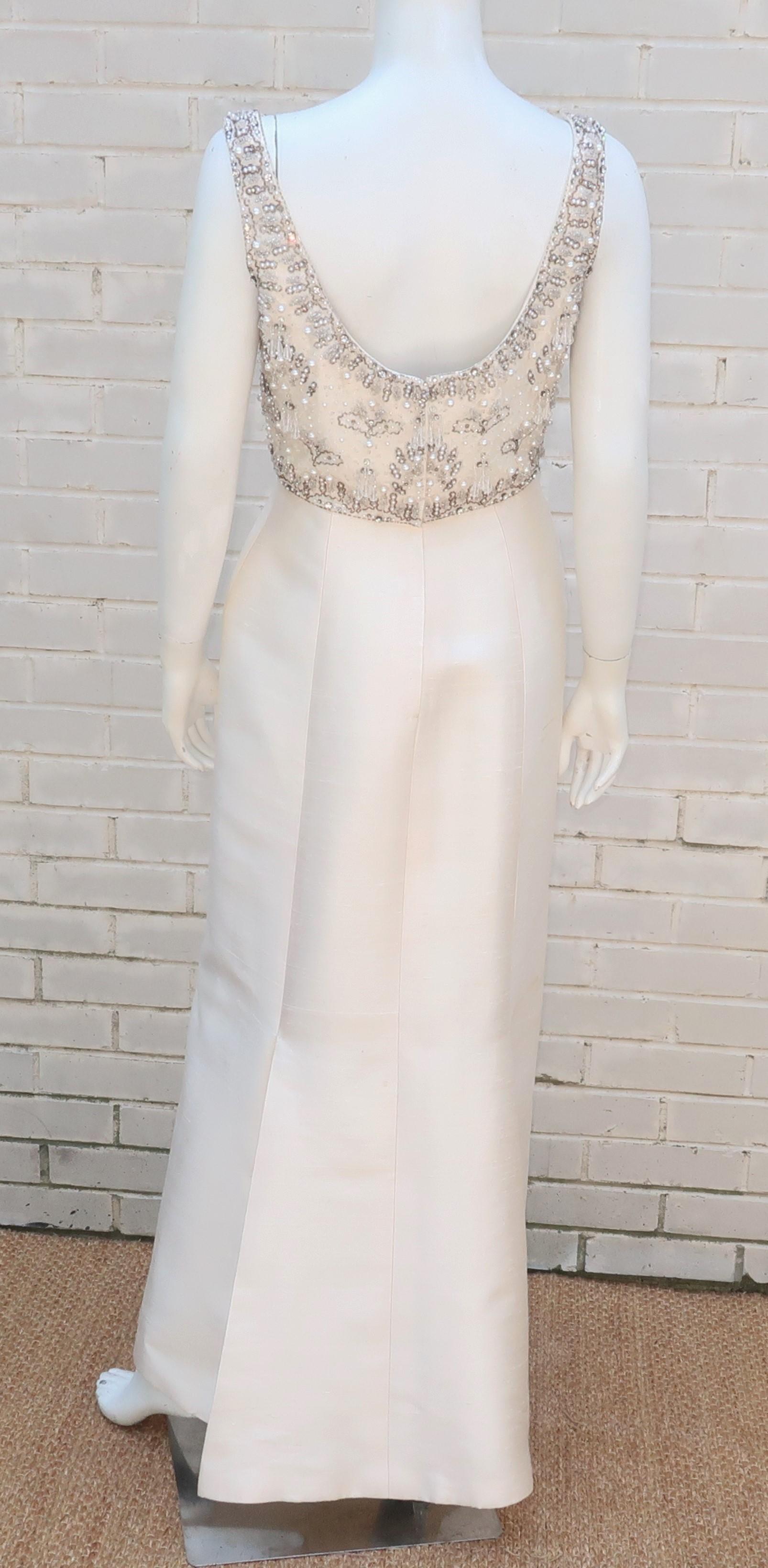 White Silk Dupioni Beaded Evening Dress With Mink Trimmed Jacket, 1960's 4