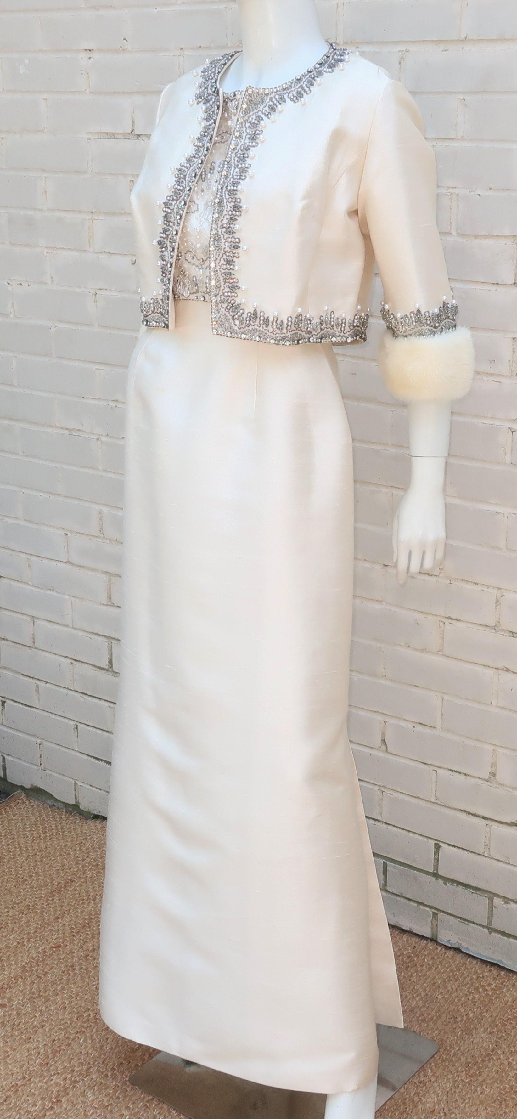 Gray White Silk Dupioni Beaded Evening Dress With Mink Trimmed Jacket, 1960's