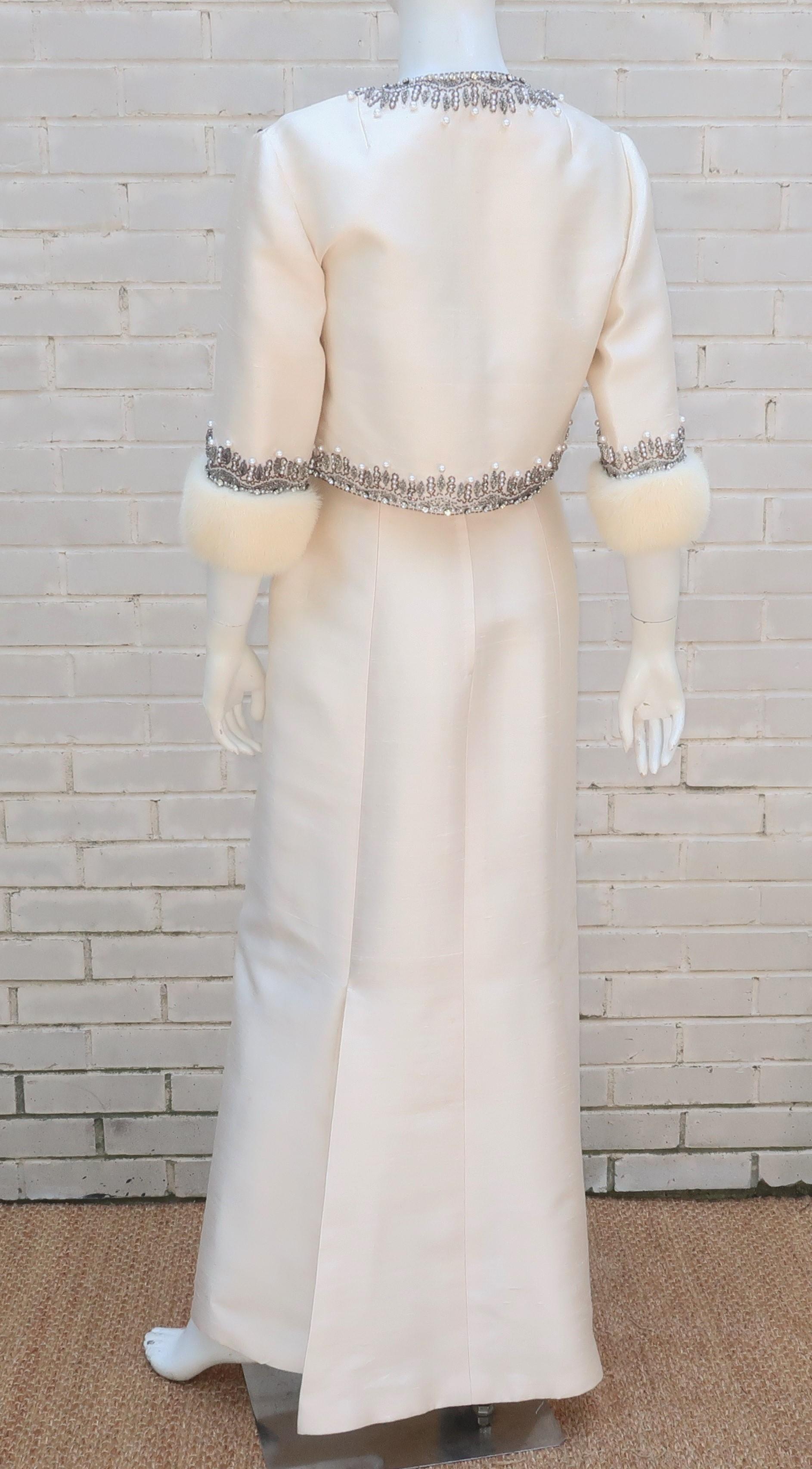 White Silk Dupioni Beaded Evening Dress With Mink Trimmed Jacket, 1960's In Good Condition In Atlanta, GA