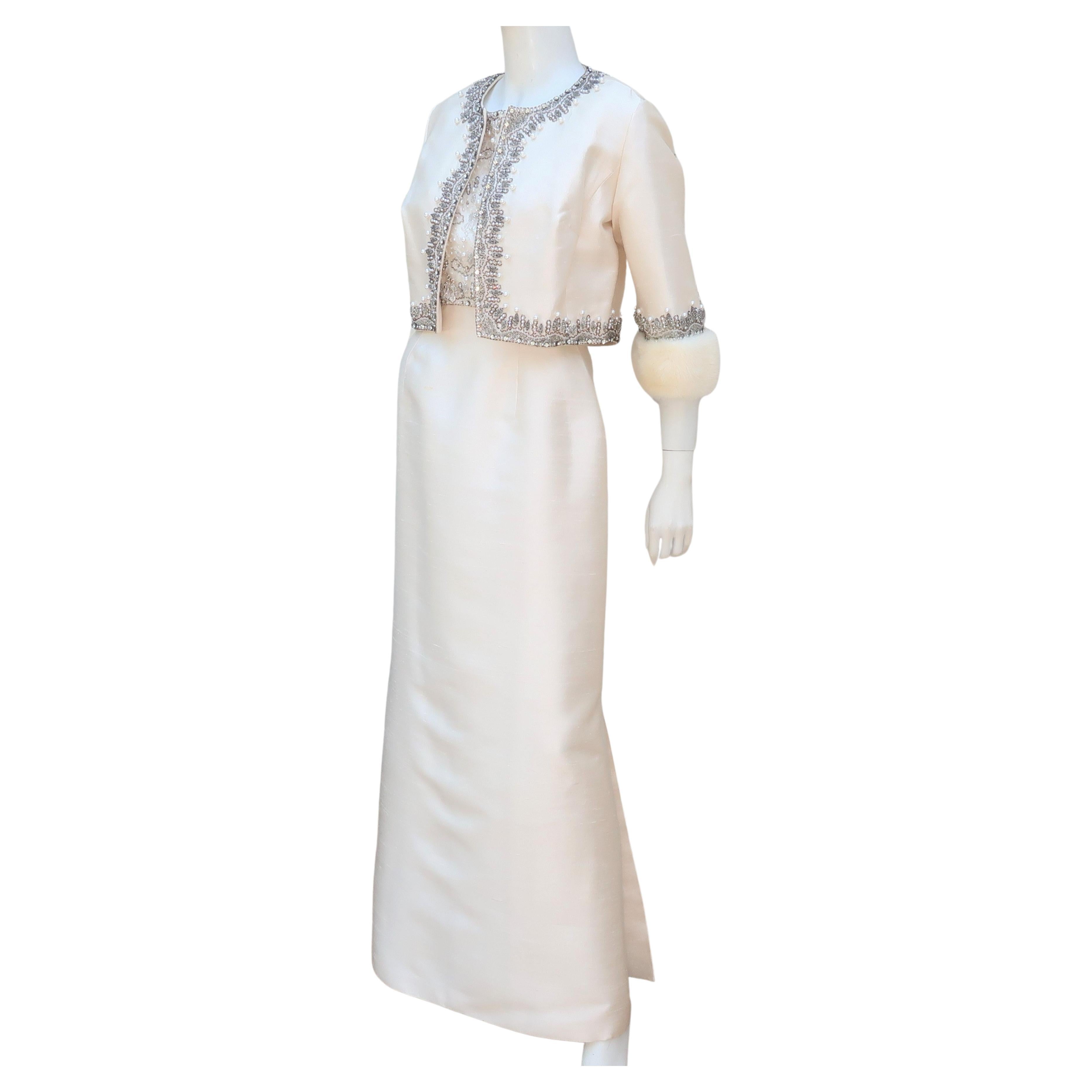 White Silk Dupioni Beaded Evening Dress With Mink Trimmed Jacket, 1960's