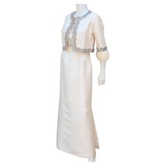 Vintage White Silk Dupioni Beaded Evening Dress With Mink Trimmed Jacket, 1960's