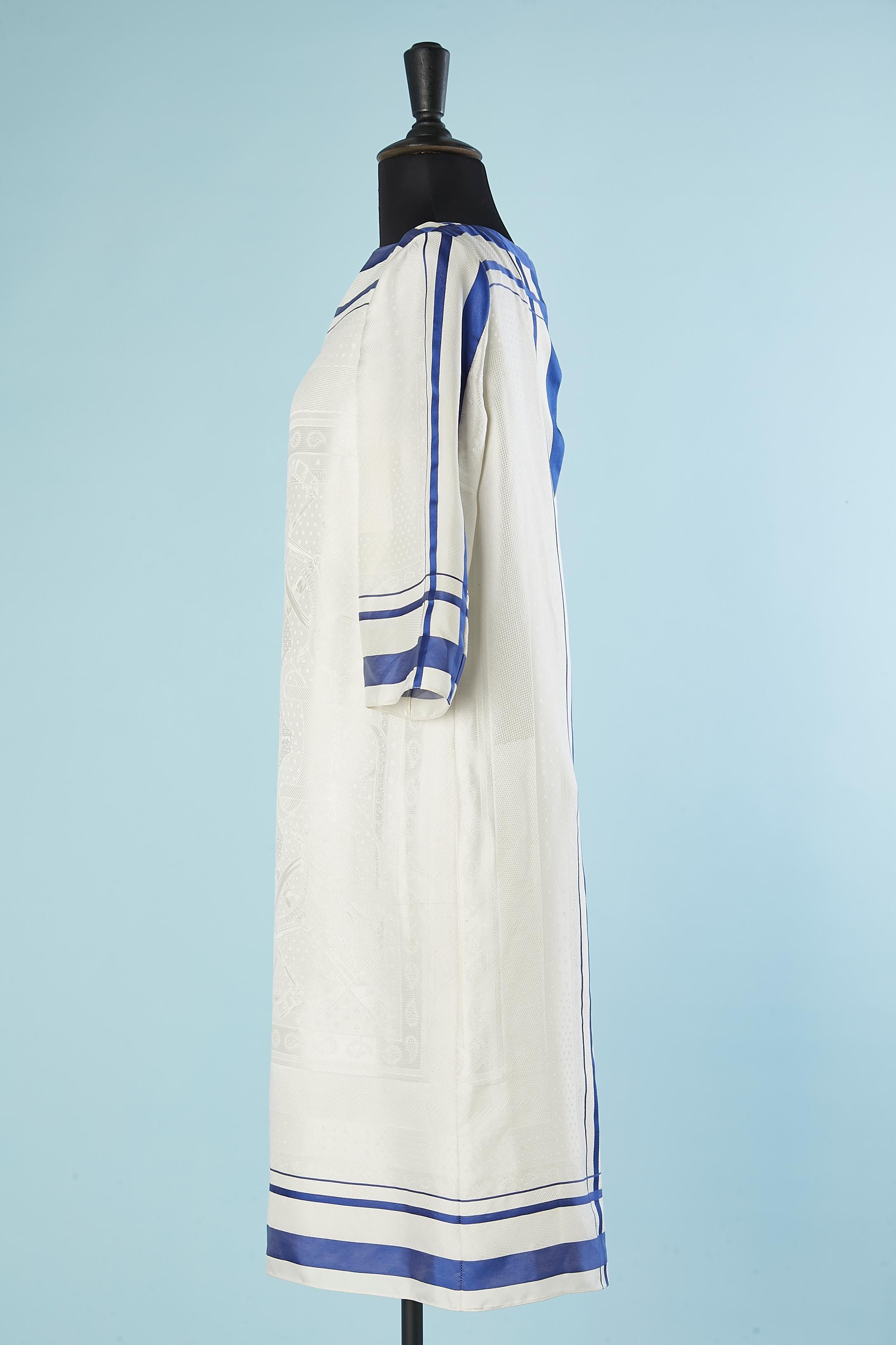 White silk jacquard dress with blue stripes Hermès  In Excellent Condition In Saint-Ouen-Sur-Seine, FR