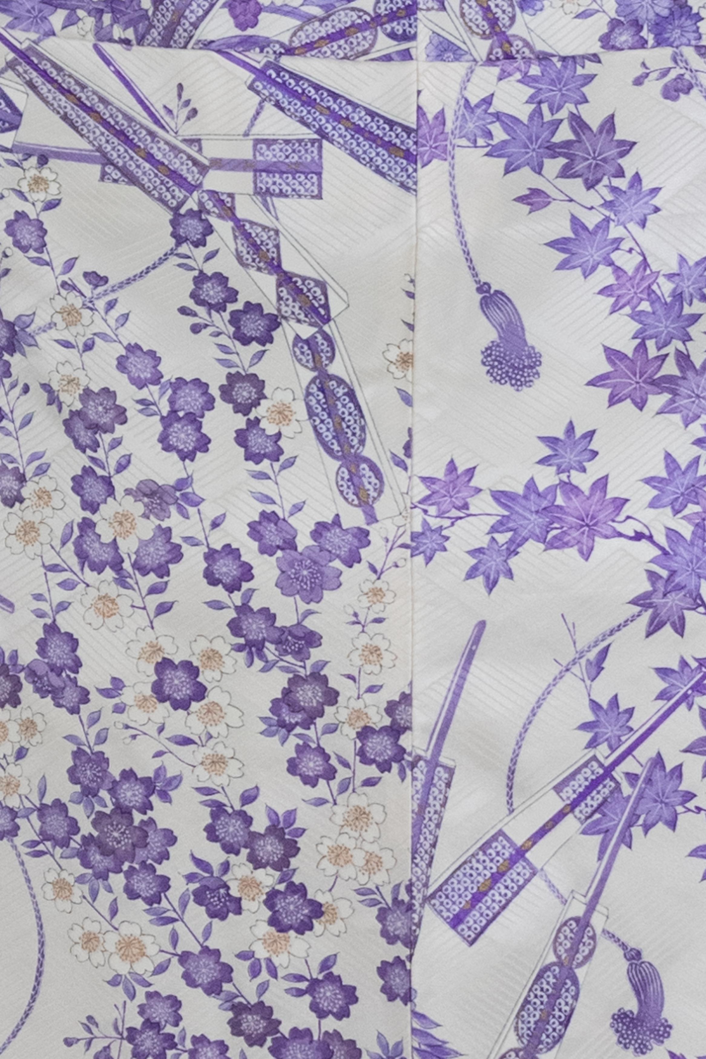 White Silk Long Kimono Purple Flower Print For Sale 5
