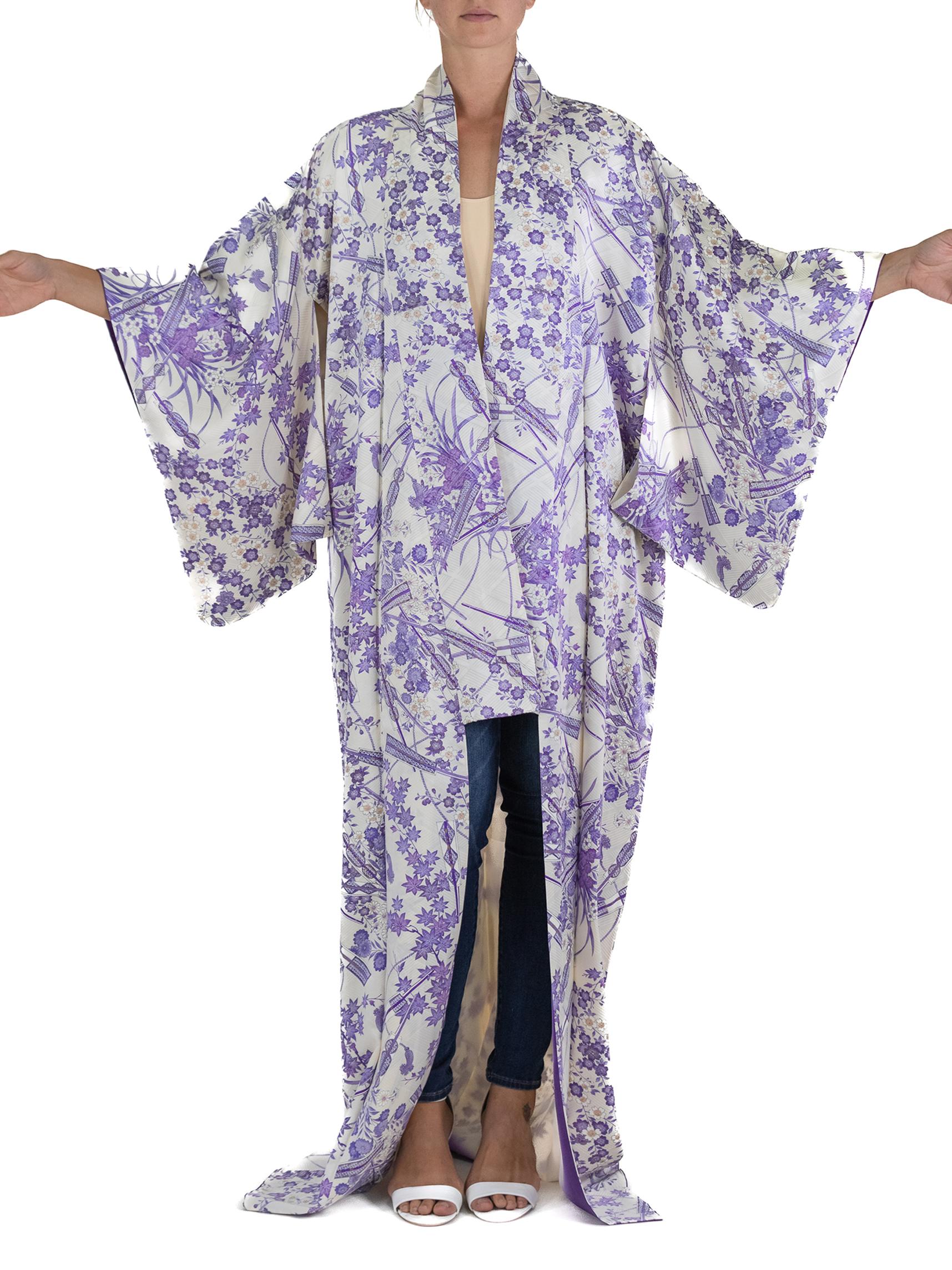 Gray White Silk Long Kimono Purple Flower Print For Sale