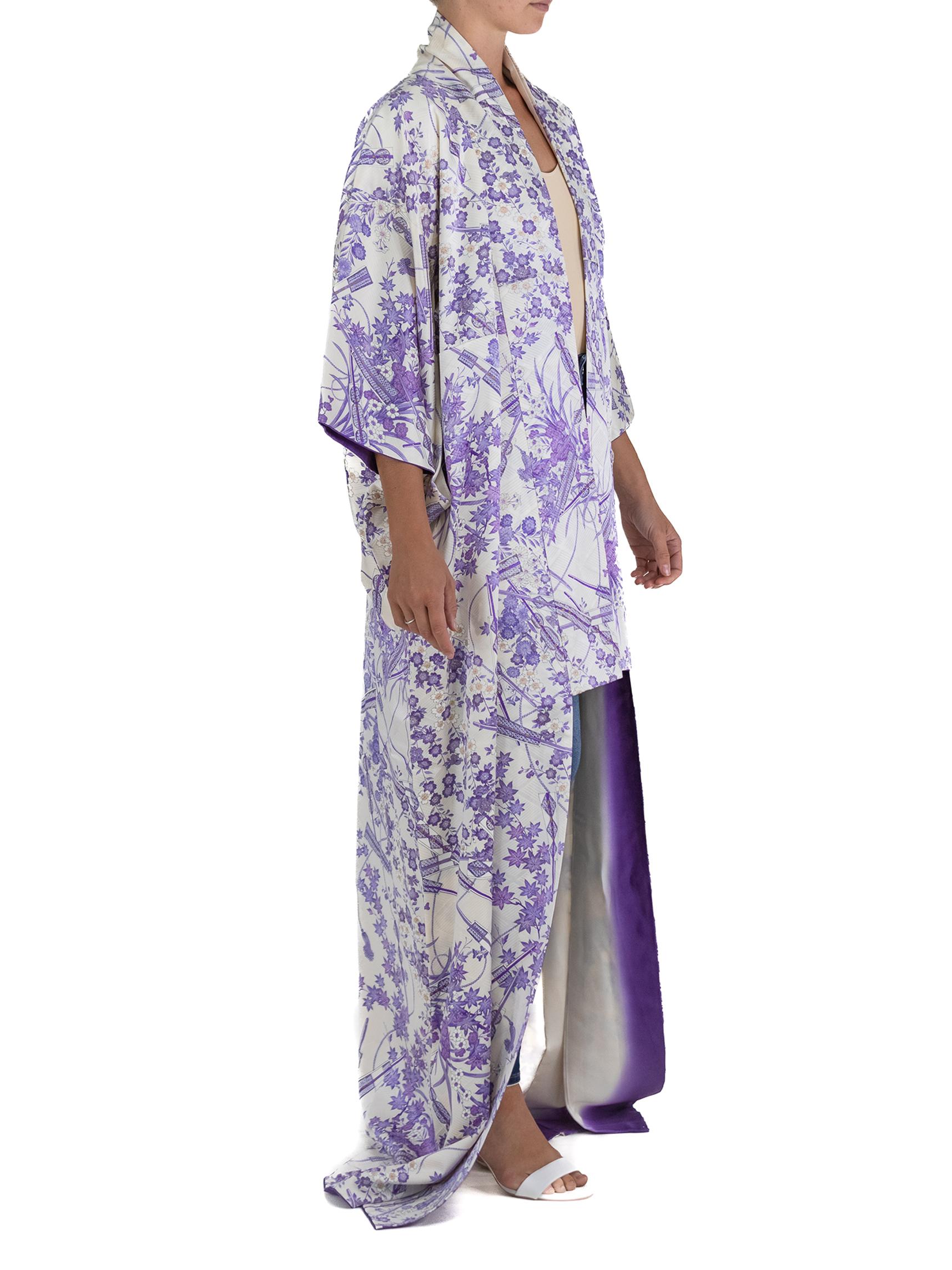 Women's White Silk Long Kimono Purple Flower Print For Sale