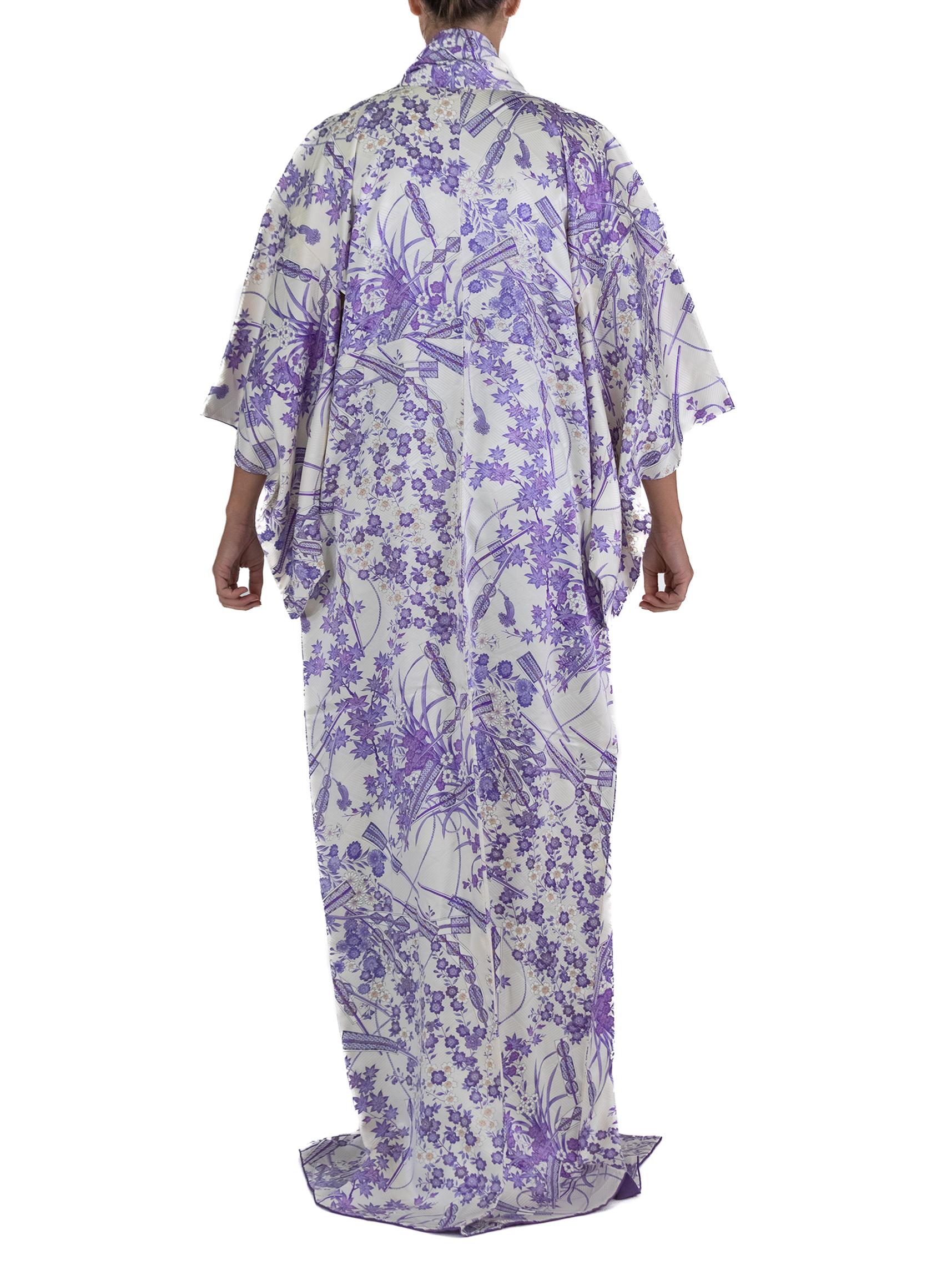 White Silk Long Kimono Purple Flower Print For Sale 1