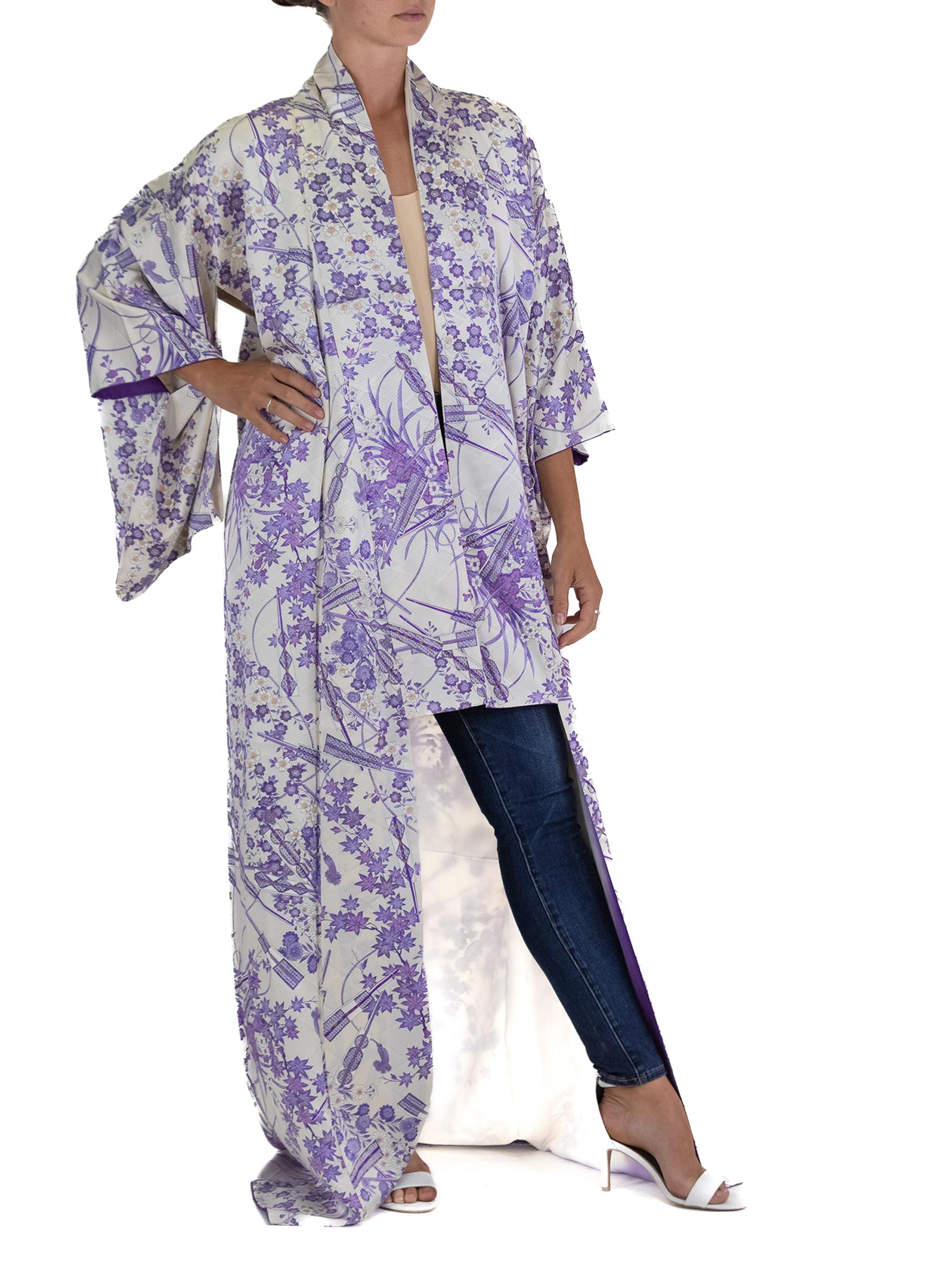 White Silk Long Kimono Purple Flower Print For Sale 2