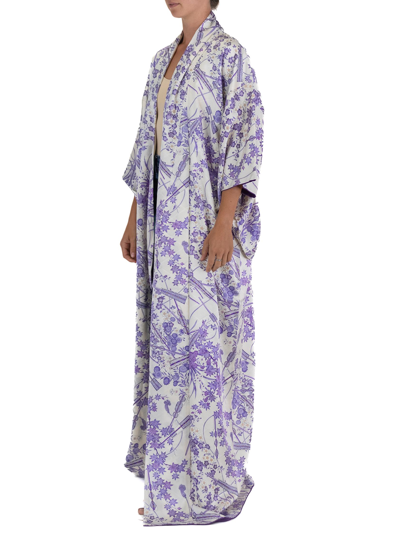 White Silk Long Kimono Purple Flower Print For Sale 3