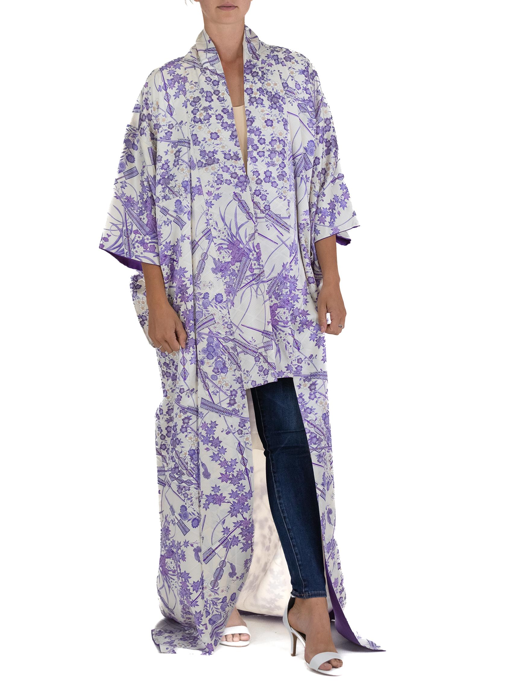 White Silk Long Kimono Purple Flower Print For Sale 4