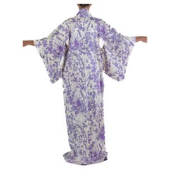Retro White Silk Long Kimono Purple Flower Print