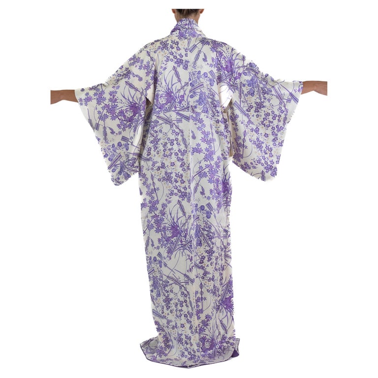 White Silk Long Kimono Purple Flower Print For Sale at 1stDibs