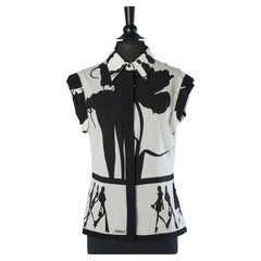 White silk sleeveless shirt with black pattern print Versace
