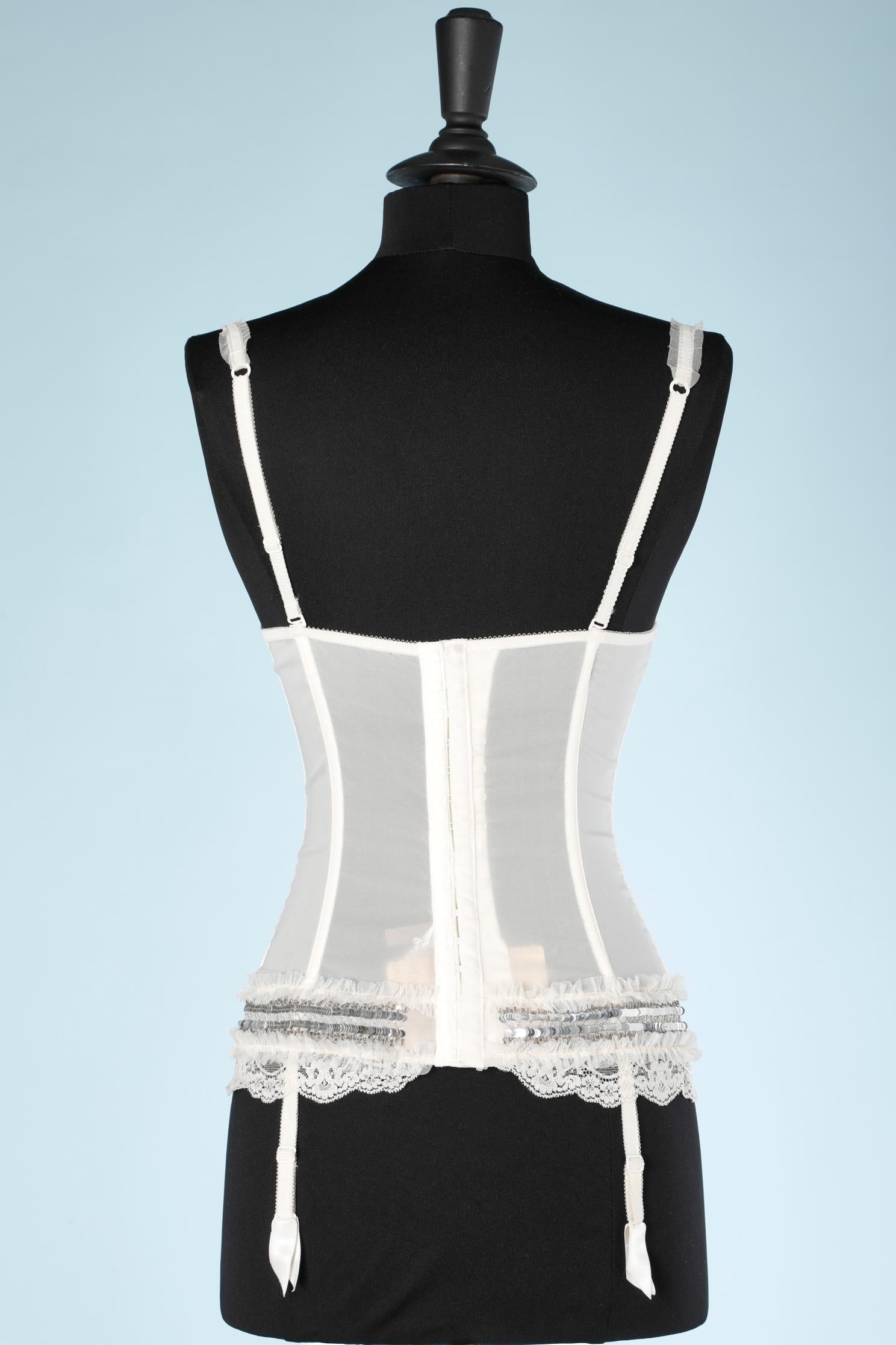 Gray White silk stretch corset with embroidered, lace and suspender  John Galliano