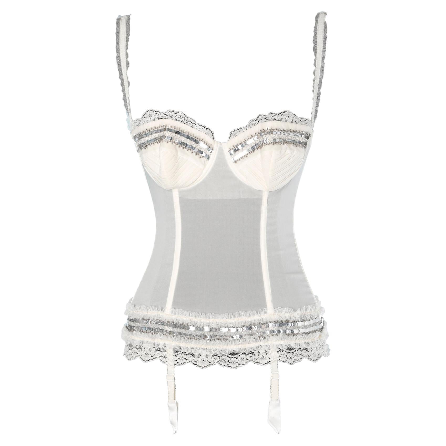 White silk stretch corset with embroidered, lace and suspender  John Galliano