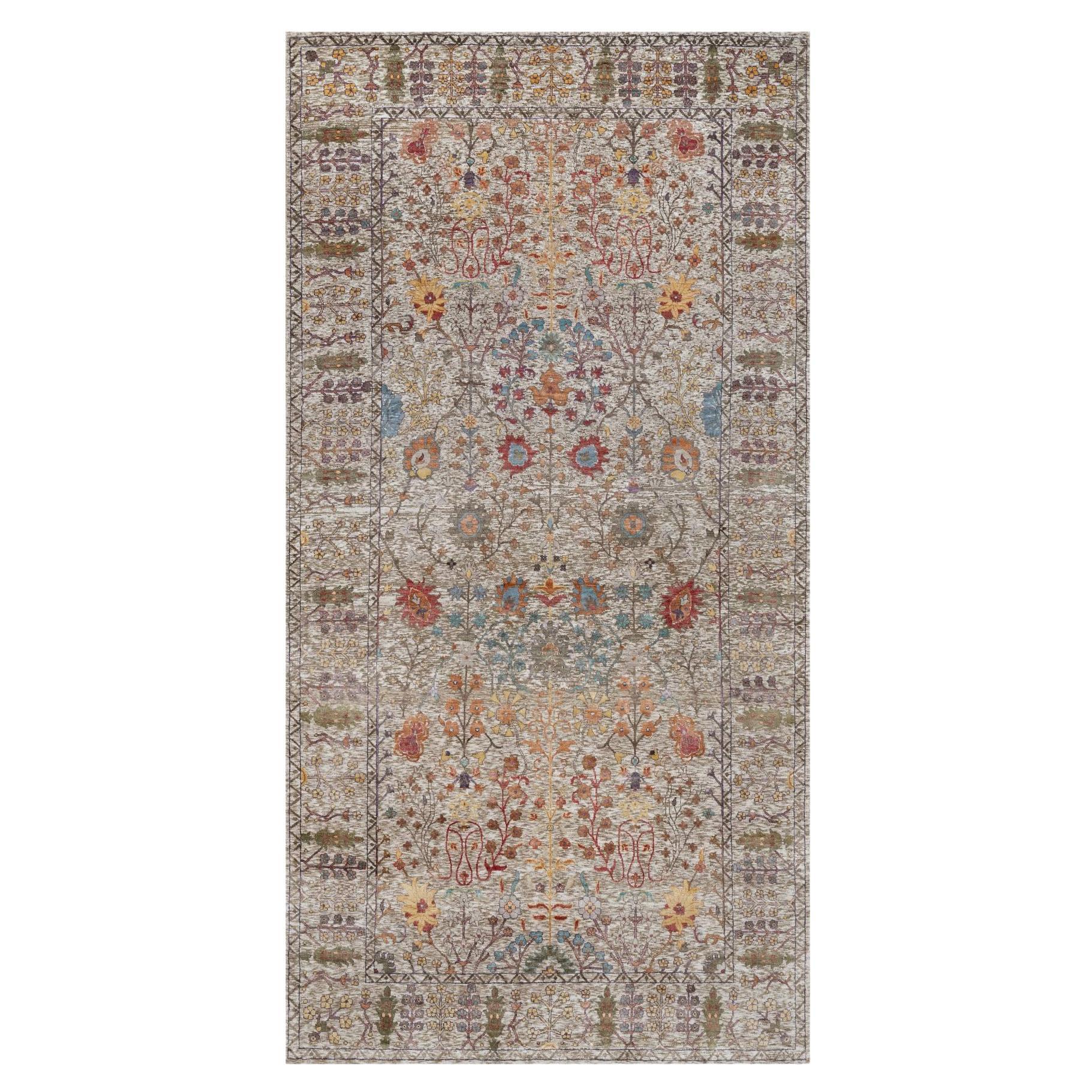 White Silk with Textured Wool Hand Knotted Vase Design Oriental Rug 6'2" x 12'2"
