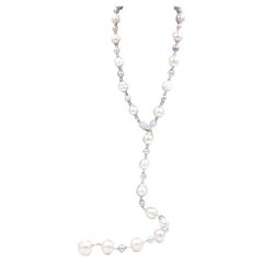 Collier Lariat en argent blanc et perles des mers du Sud avec fermoir réglable en or blanc 18 carats