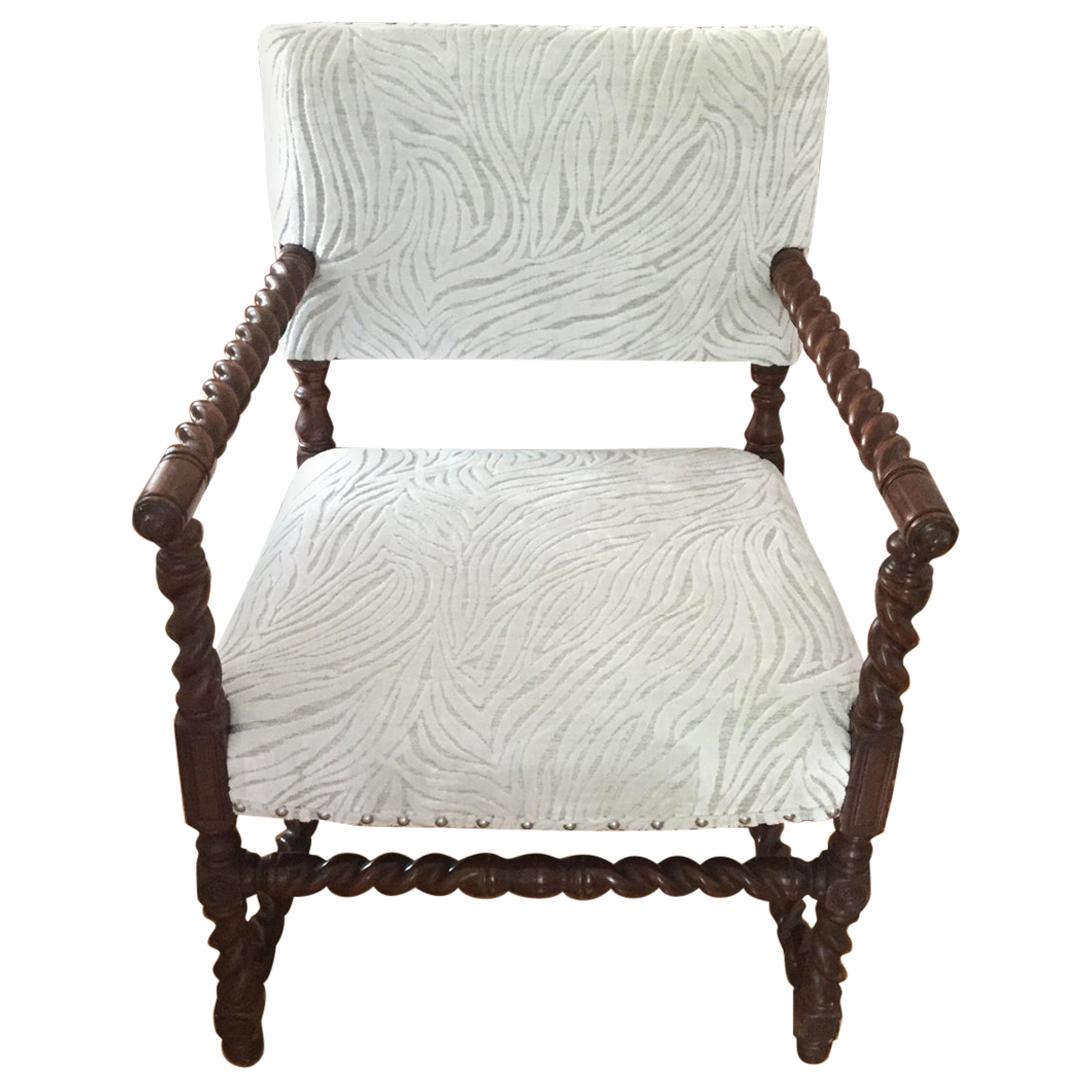 White and Silver Velvet English Barley-Twist Chair