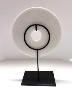 White Single Smooth Jade Disc Sculpture On Stand, China, Contemporary