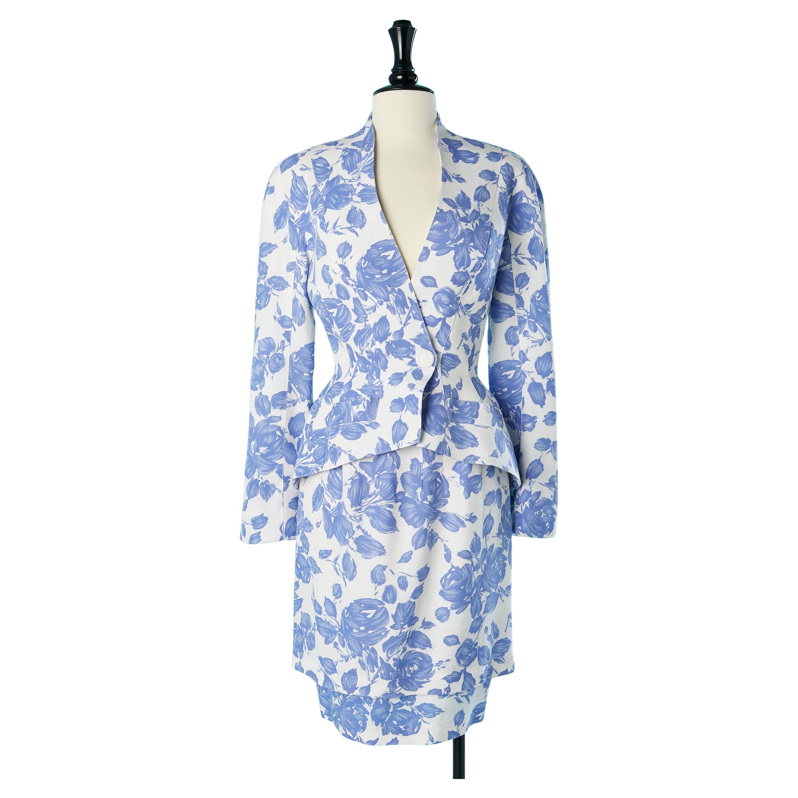 White skirt-suit with blue flower print Thierry Mugler Circa 1980's  For Sale