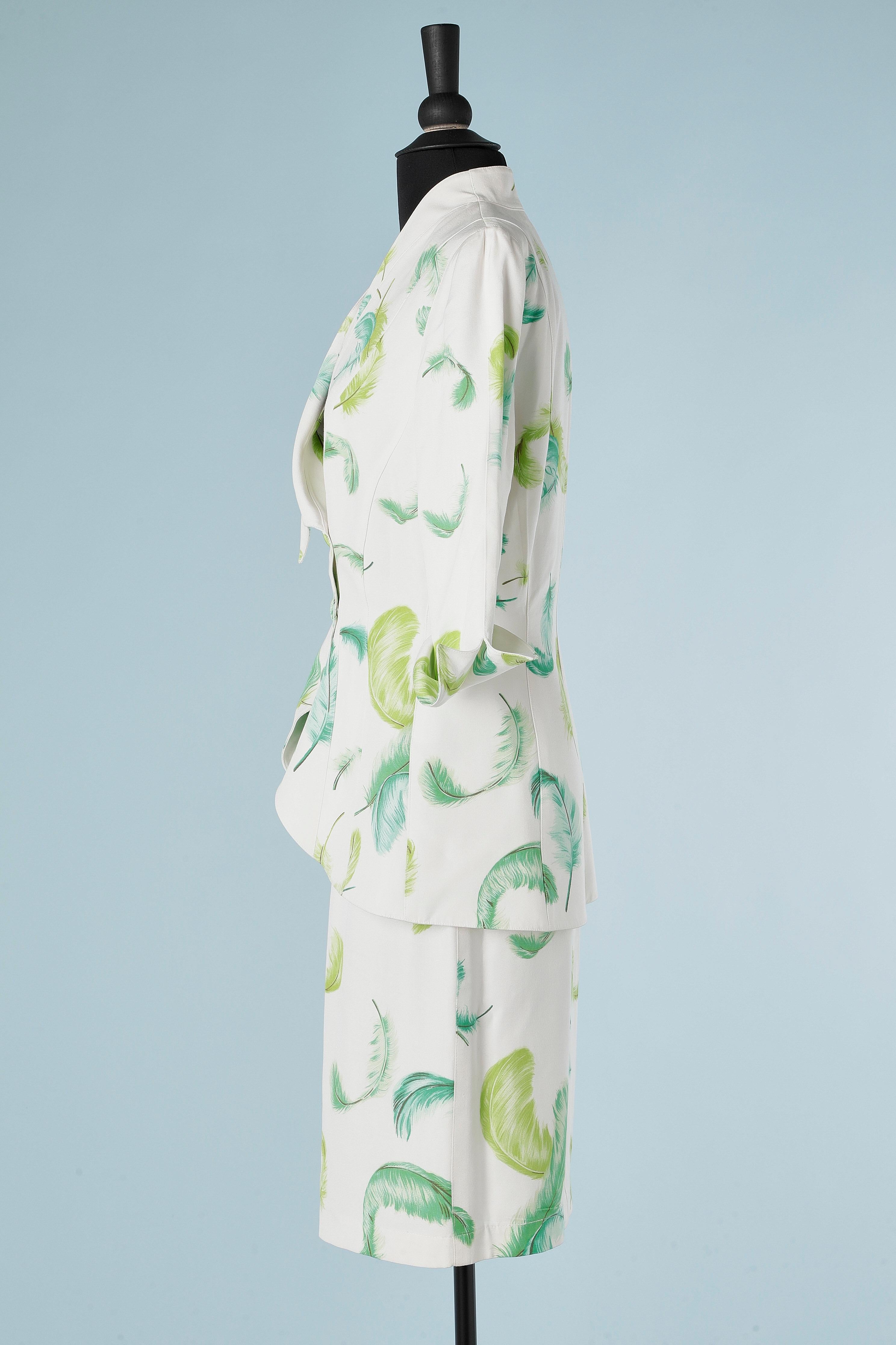 Weißer Rock-Anzug mit grünem Federn-Print Thierry Mugler  im Zustand „Hervorragend“ im Angebot in Saint-Ouen-Sur-Seine, FR