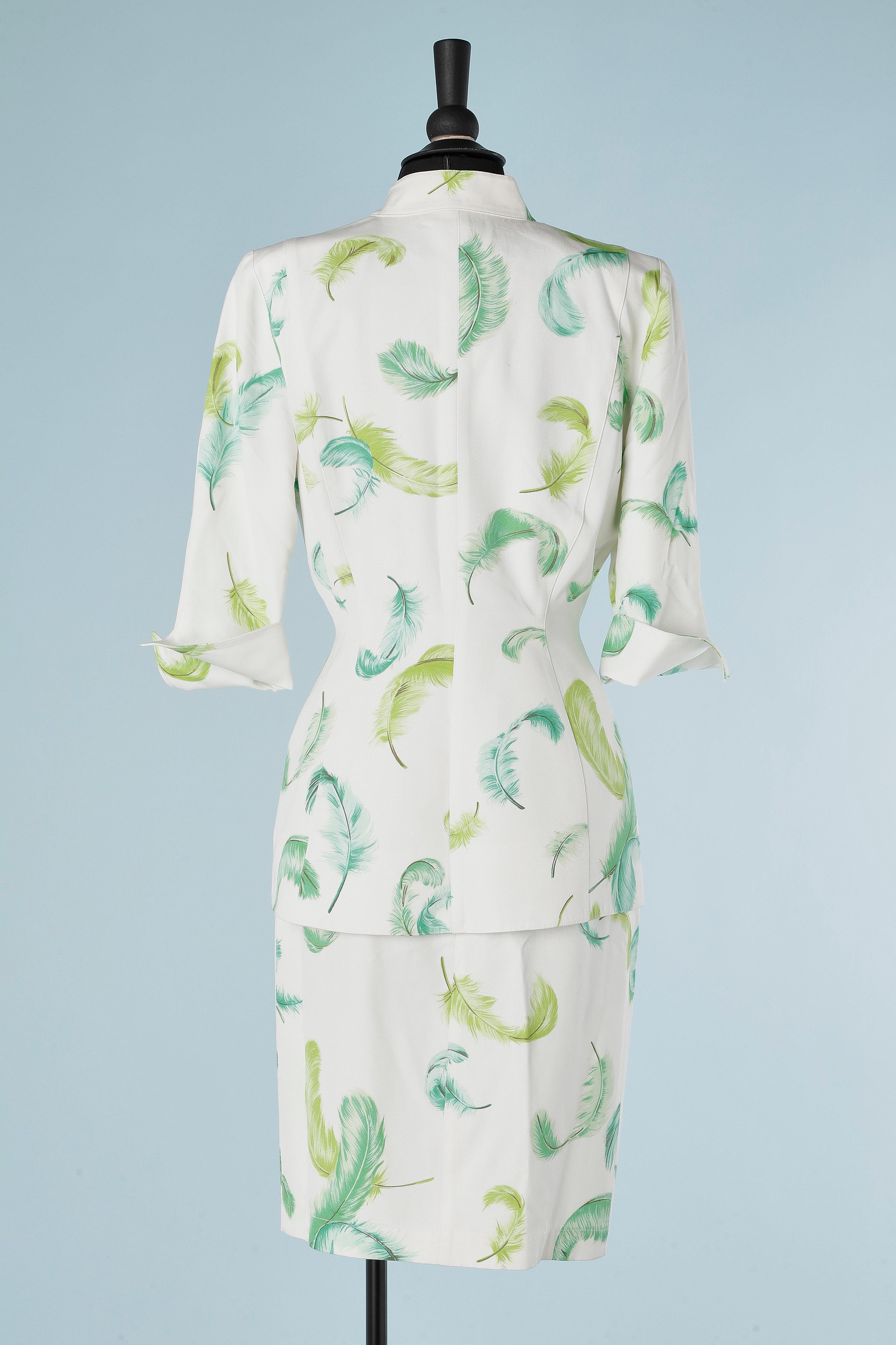 White skirt-suit with green feathers print Thierry Mugler  For Sale 1