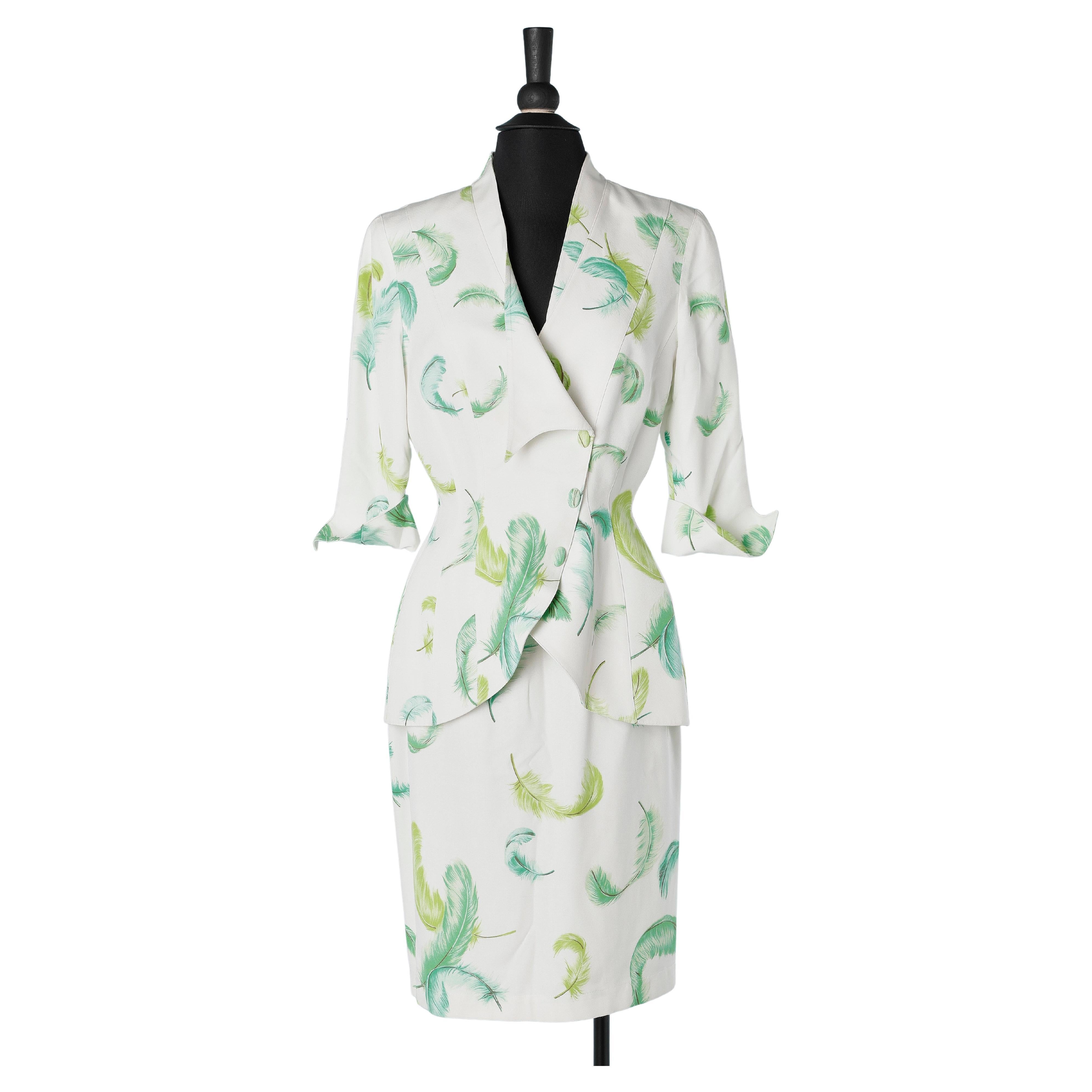 White skirt-suit with green feathers print Thierry Mugler 
