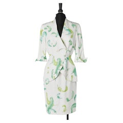 Retro White skirt-suit with green feathers print Thierry Mugler 