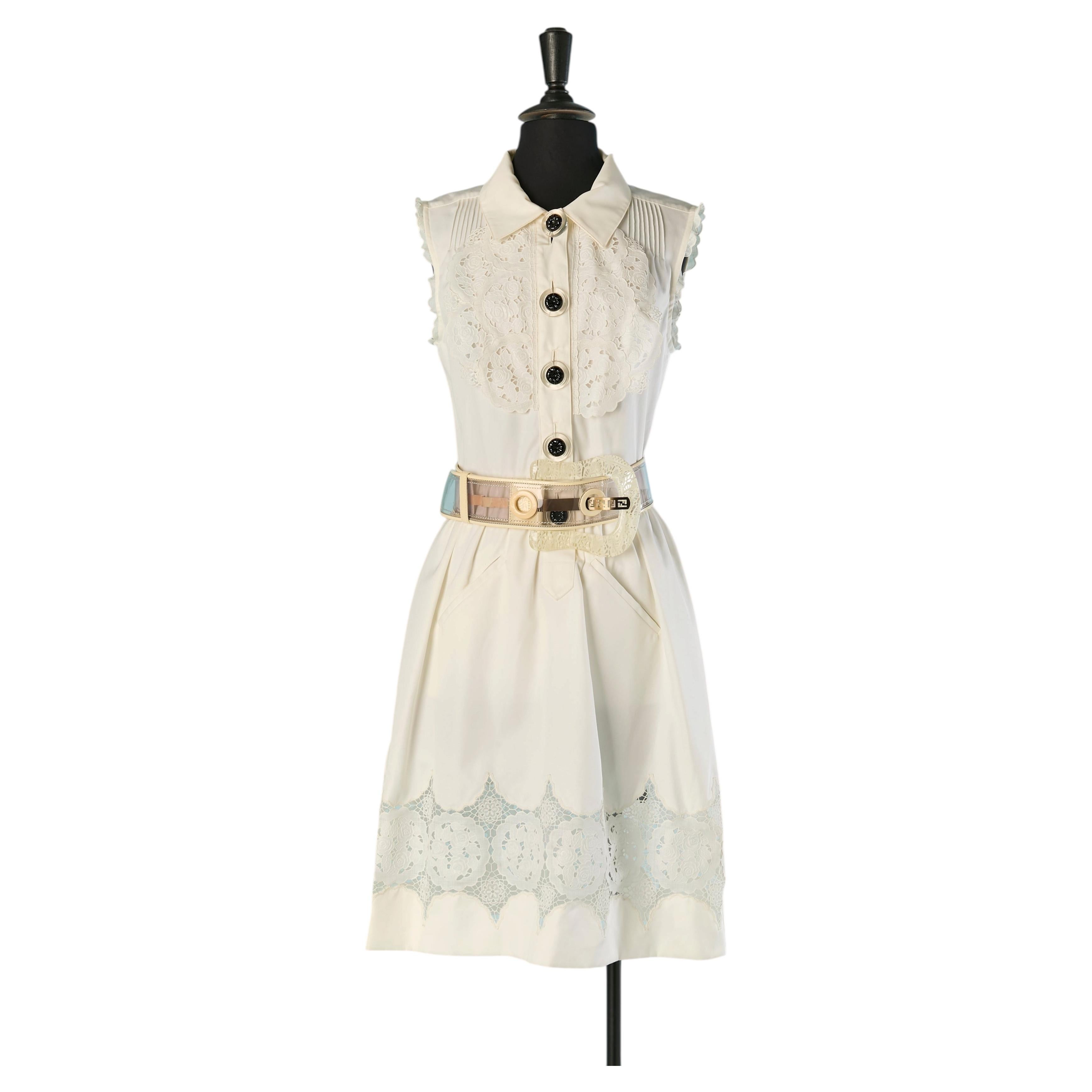 White sleeveless cotton dress with plastic coated lace and belt FENDI