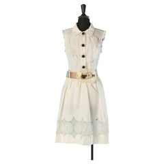 White sleeveless cotton dress with plastic coated lace and belt FENDI