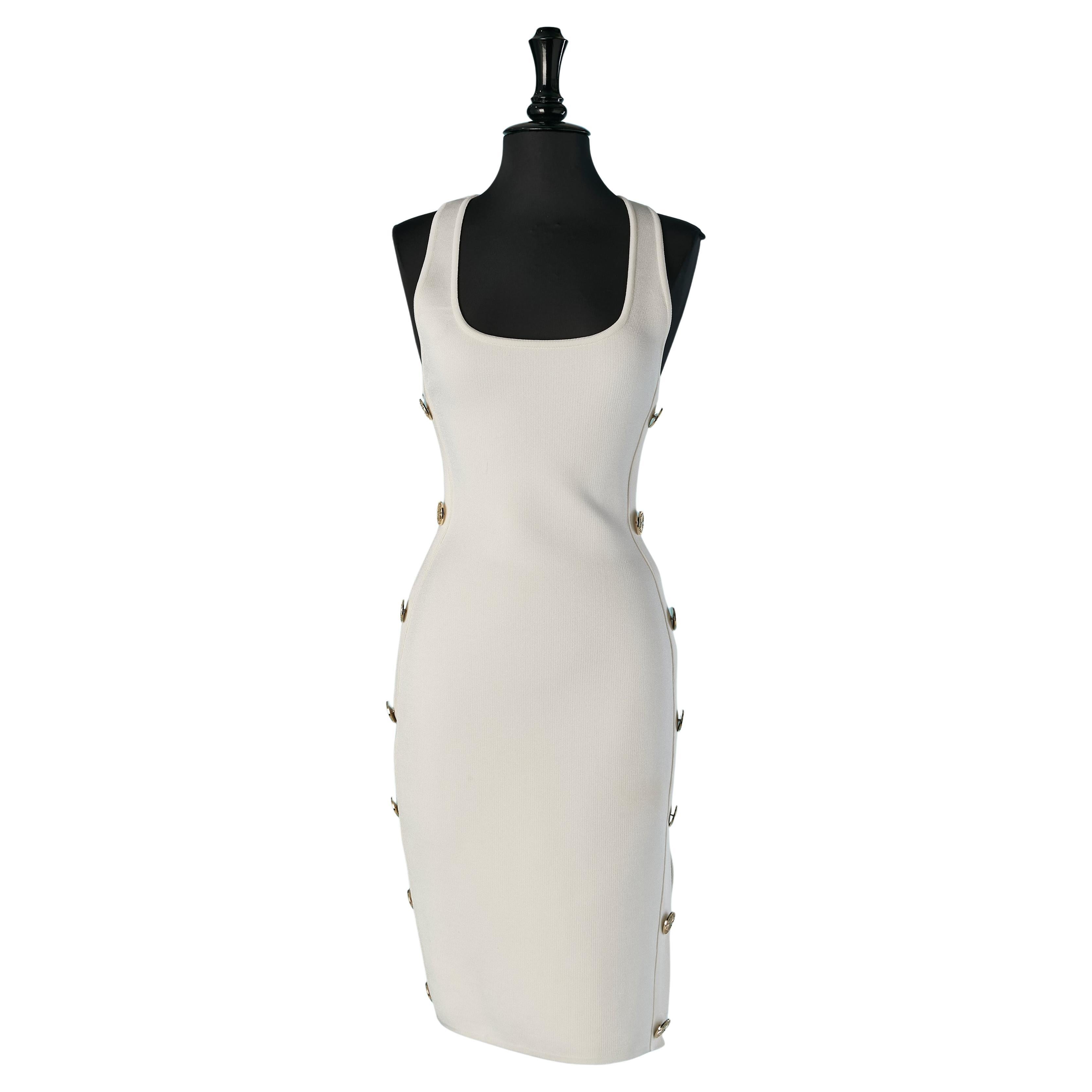 White sleeveless knit cocktail dress with gold metal button ALEXANDRE VAUTHIER