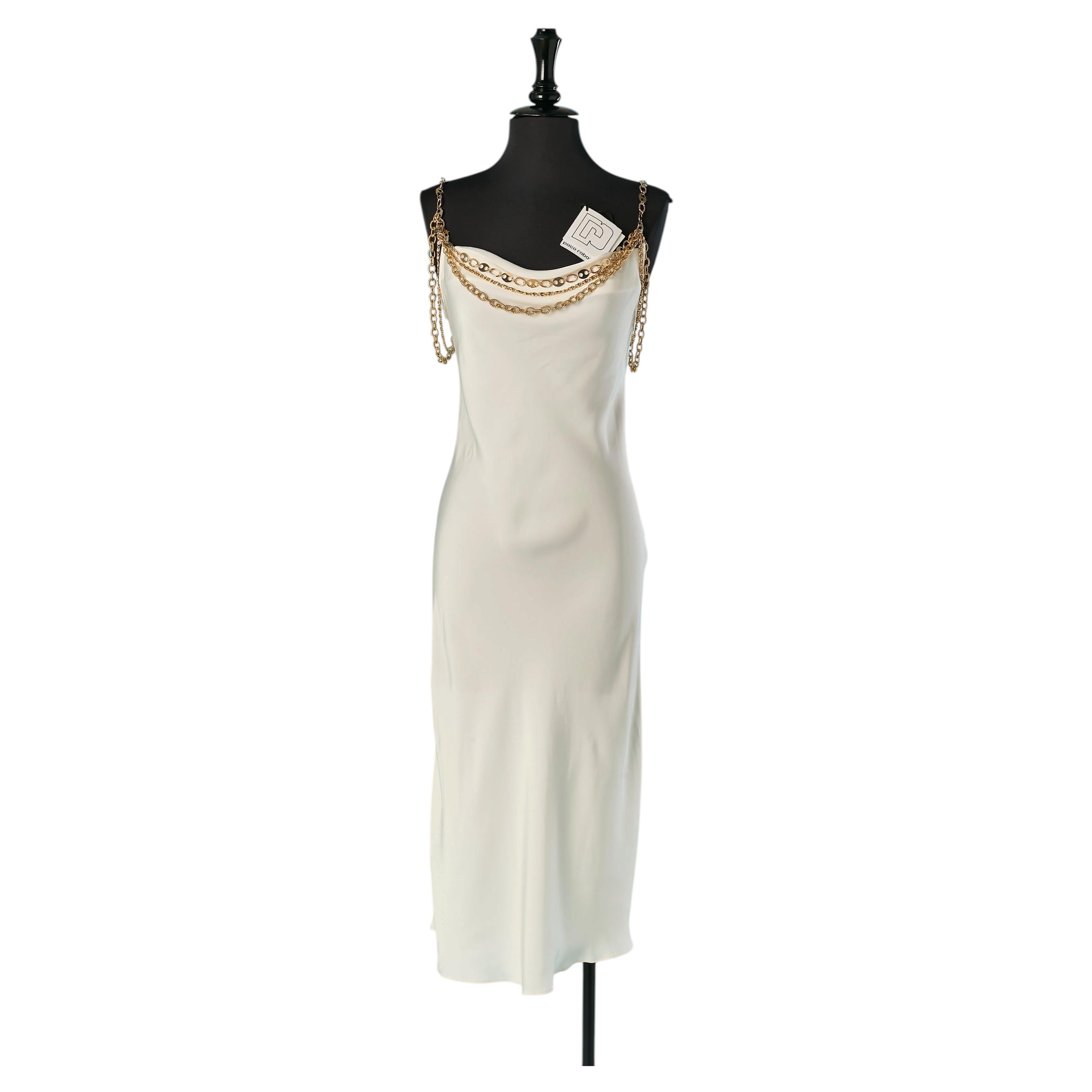 White slip cocktail dress with gold metal chain embellishment PACO RABANNE
