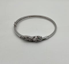 White Snow Leopard Panther Diamond Pave 14K White Gold Hinge Bangle Bracelet