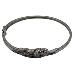 White Snow Leopard Panther Diamond Pave 14K White Gold Hinge Bangle Bracelet