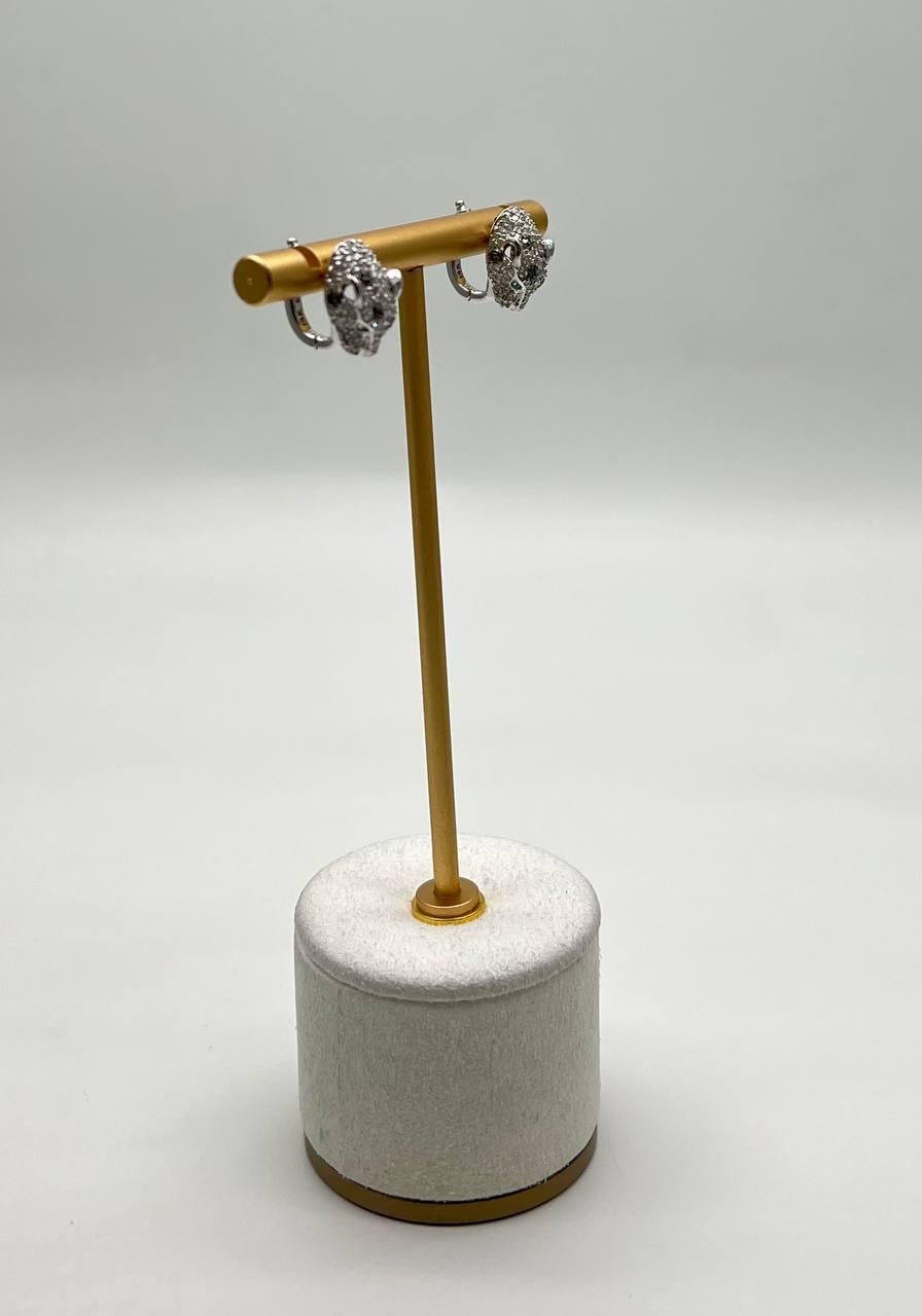 Contemporary White Snow Leopard Panther Diamond Pave Set 14K White Gold Emerald Earrings For Sale