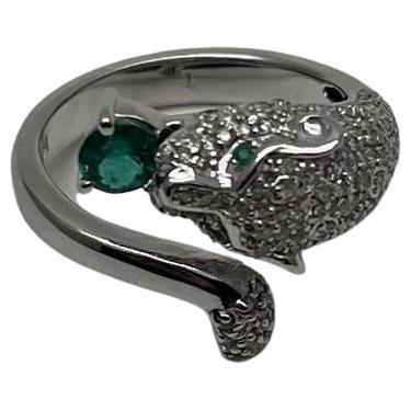 White Snow Leopard Panther Diamond Pave Set Emerald Eyes 14K White Gold Ring