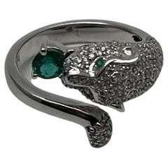 White Snow Leopard Panther Diamond Pave Set Emerald Eyes 14K White Gold Ring