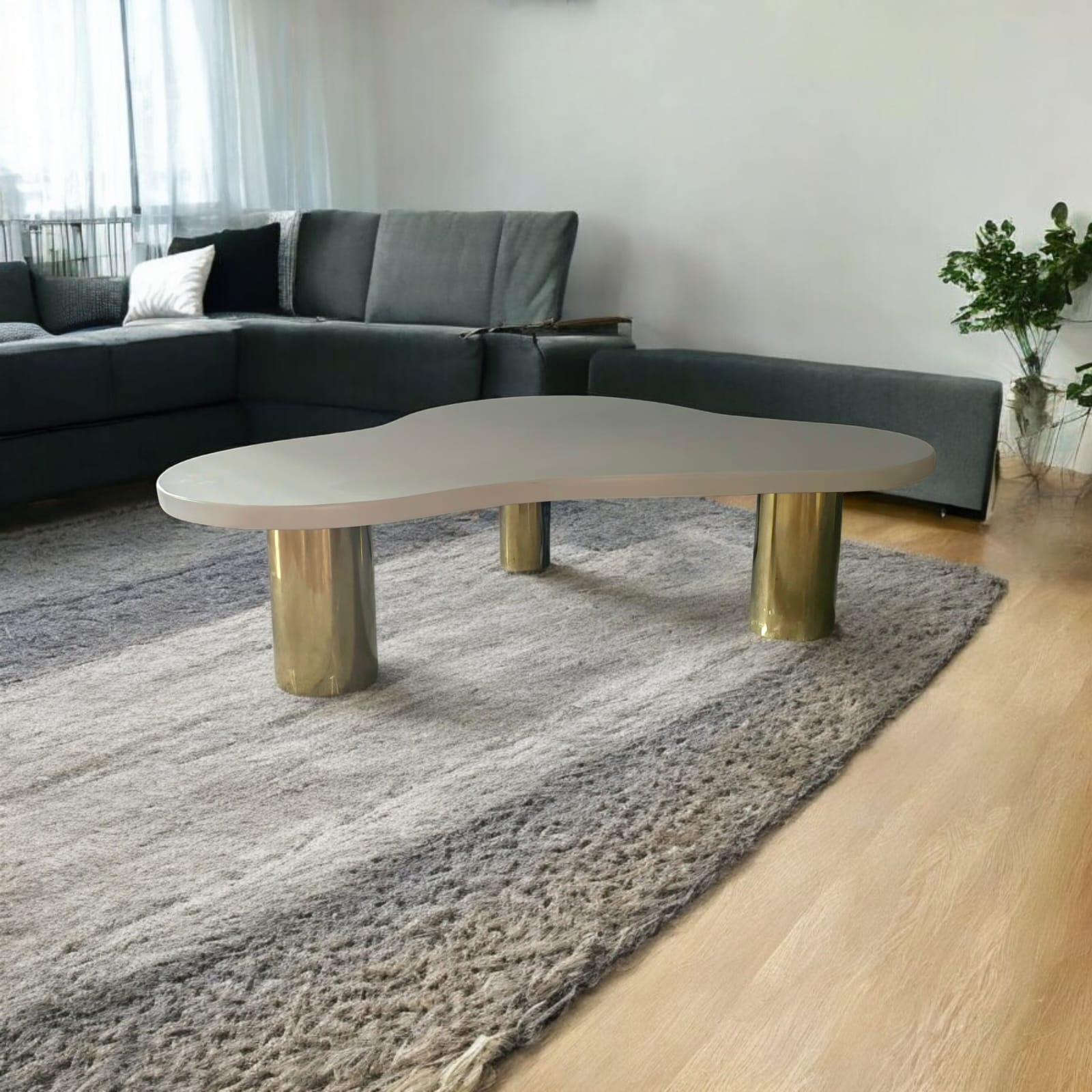 Modern White Solid Wood Cloud Style Coffee Table with 3 Brass Feet, Made in Italy, JF For Sale