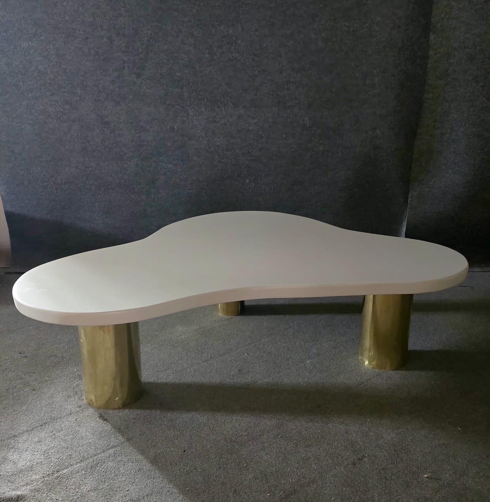 Italian White Solid Wood Cloud Style Coffee Table with 3 Brass Feet, Made in Italy, JF For Sale
