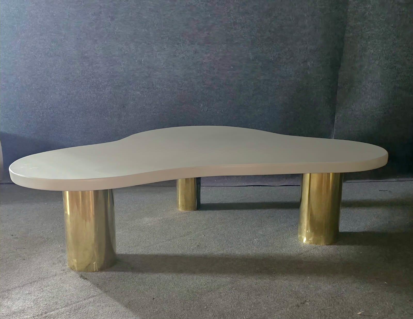 Hand-Painted White Solid Wood Cloud Style Coffee Table with 3 Brass Feet, Made in Italy, JF For Sale