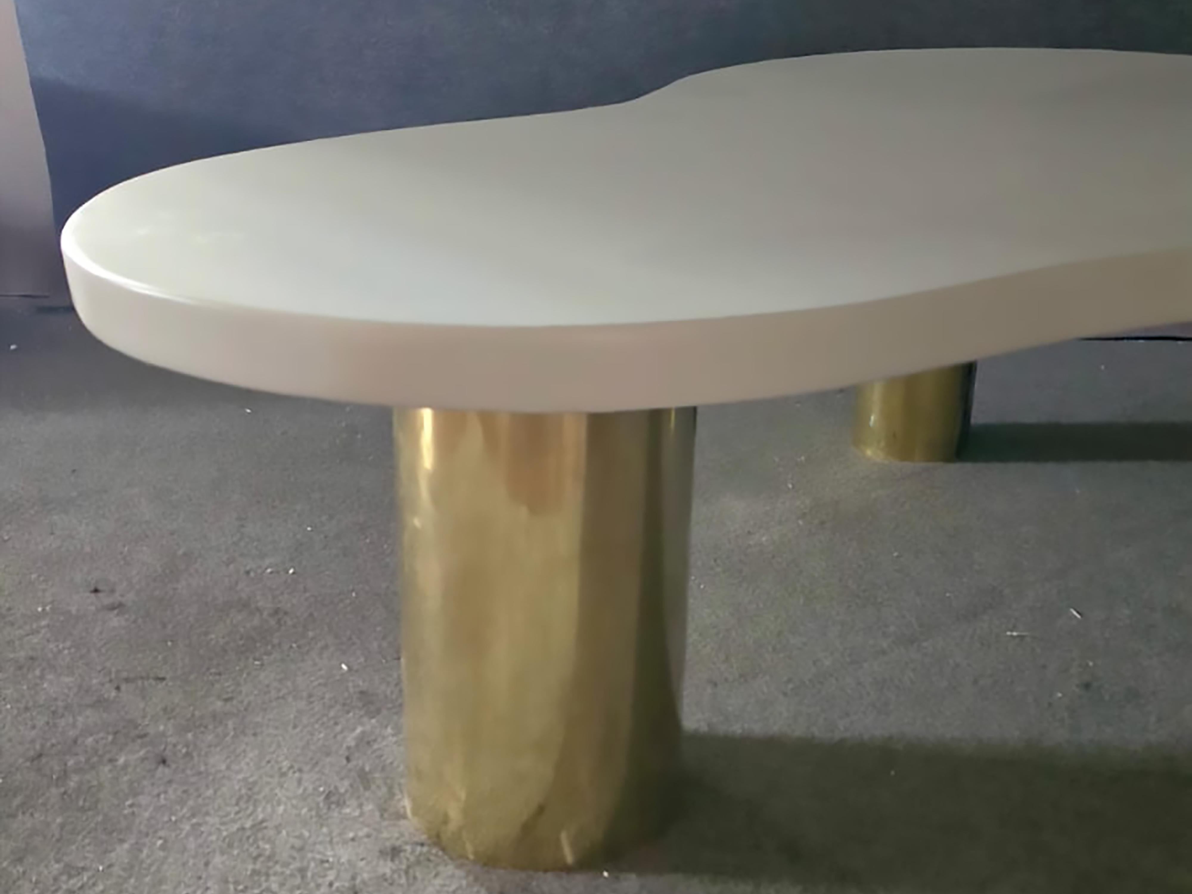 Contemporary White Solid Wood Cloud Style Coffee Table with 3 Brass Feet, Made in Italy, JF For Sale