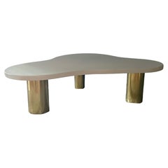 White Solid Wood Cloud Style Coffee Table with 3 Brass Feet, Made in Italy, JF