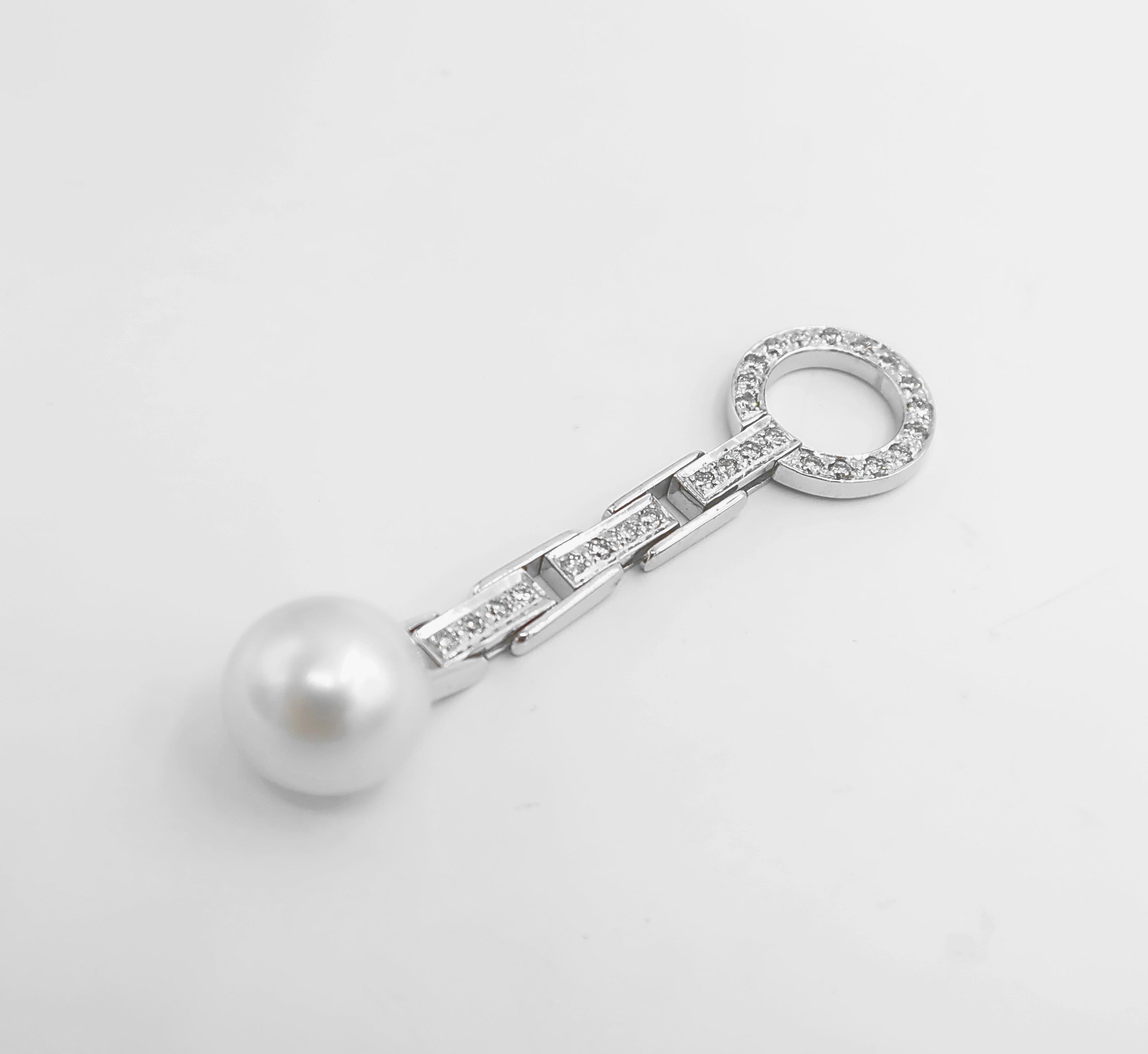 Round Cut White Soute Sea Pearl Diamond Drop Hoop Pendant in 18K White Gold For Sale