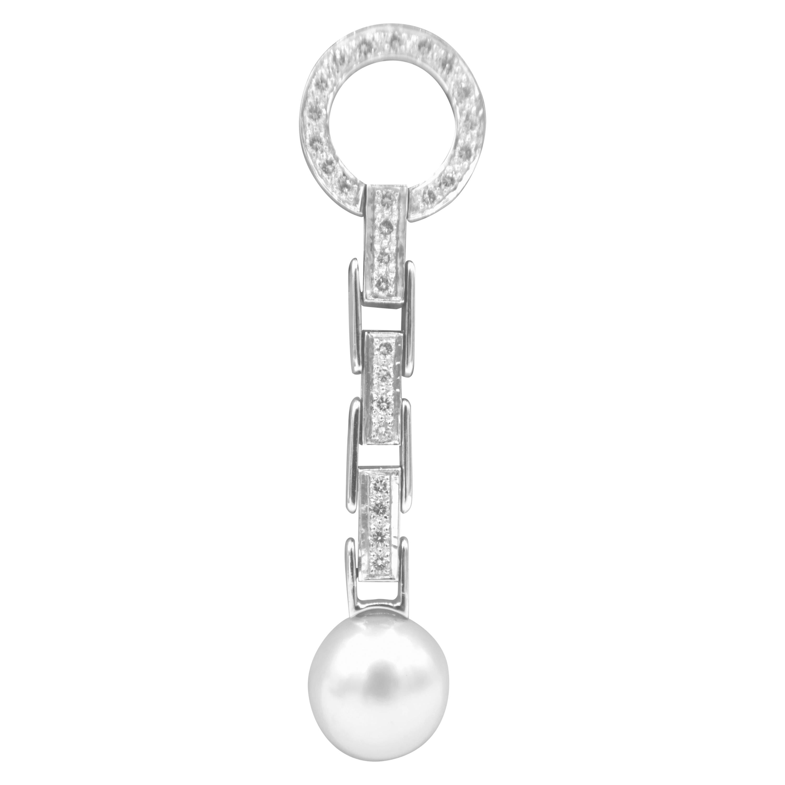 White Soute Sea Pearl Diamond Drop Hoop Pendant in 18K White Gold For Sale