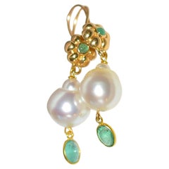 White South Sea Baroque Pearl Earrings with Emerald in 18K Solid Yellow Gold