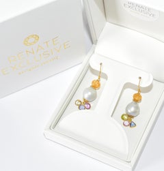 White South Sea Baroque Pearl, Multi-Color Sapphire Earrings in 18K Solid Gold