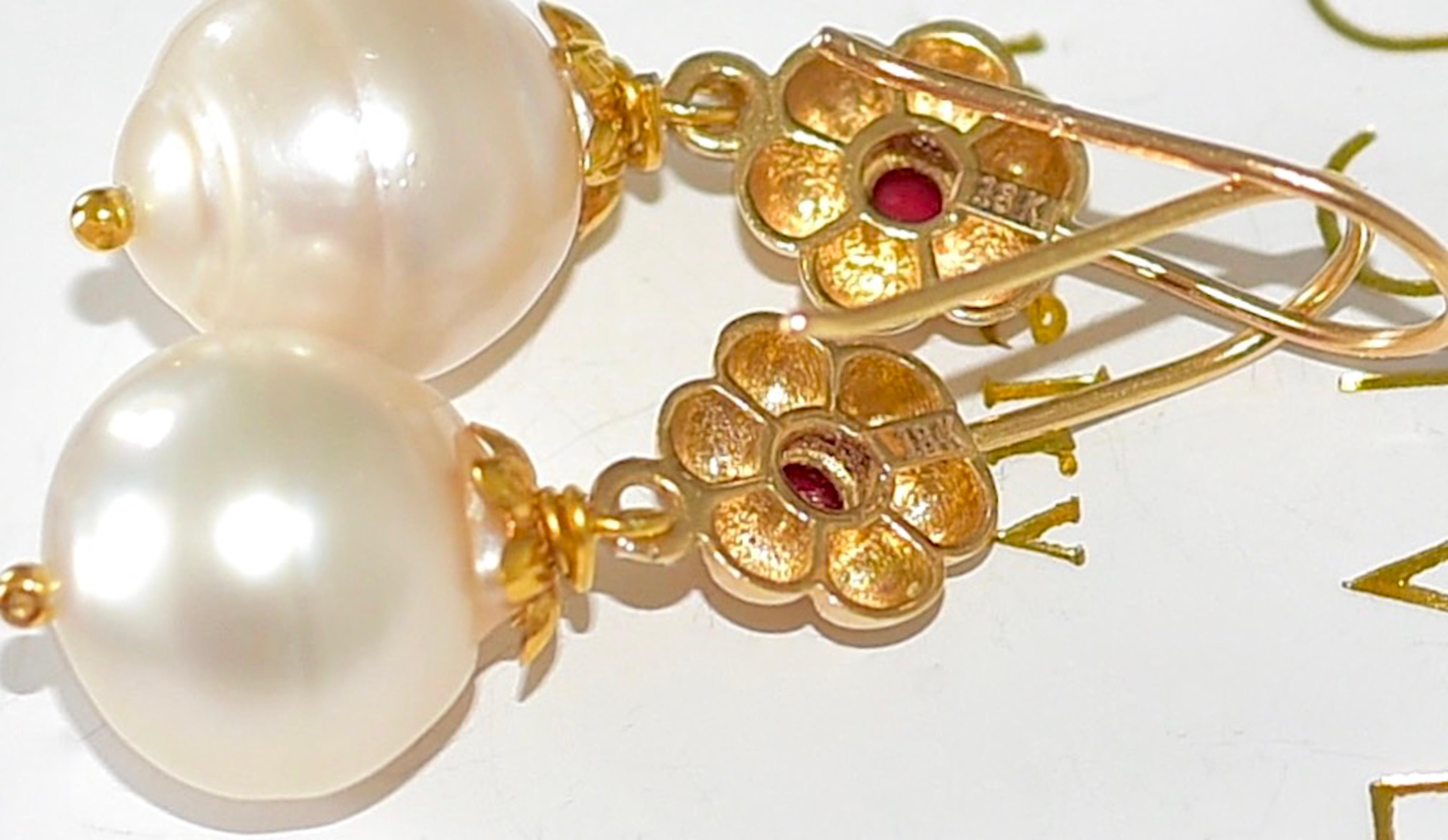 Women's White South Sea Baroque Pearl, Natural Ruby in 18K Solid Yellow Gold