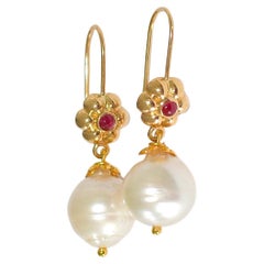 White South Sea Baroque Pearl, Natural Ruby in 18K Solid Yellow Gold