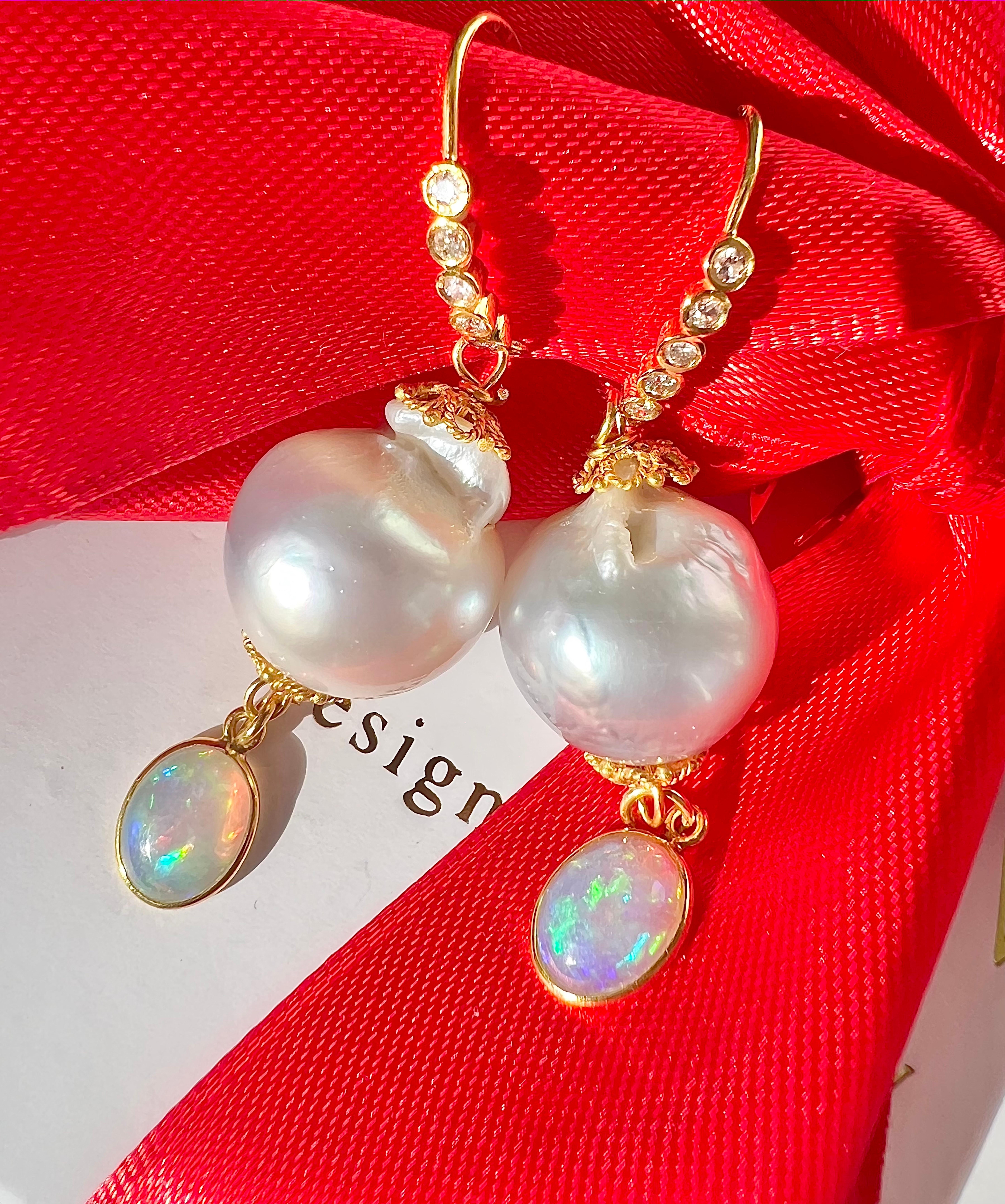 White South Sea Boroque Pearl, Natural Opal Bezel Earrings in 18K Solid Gold In New Condition For Sale In Astoria, NY
