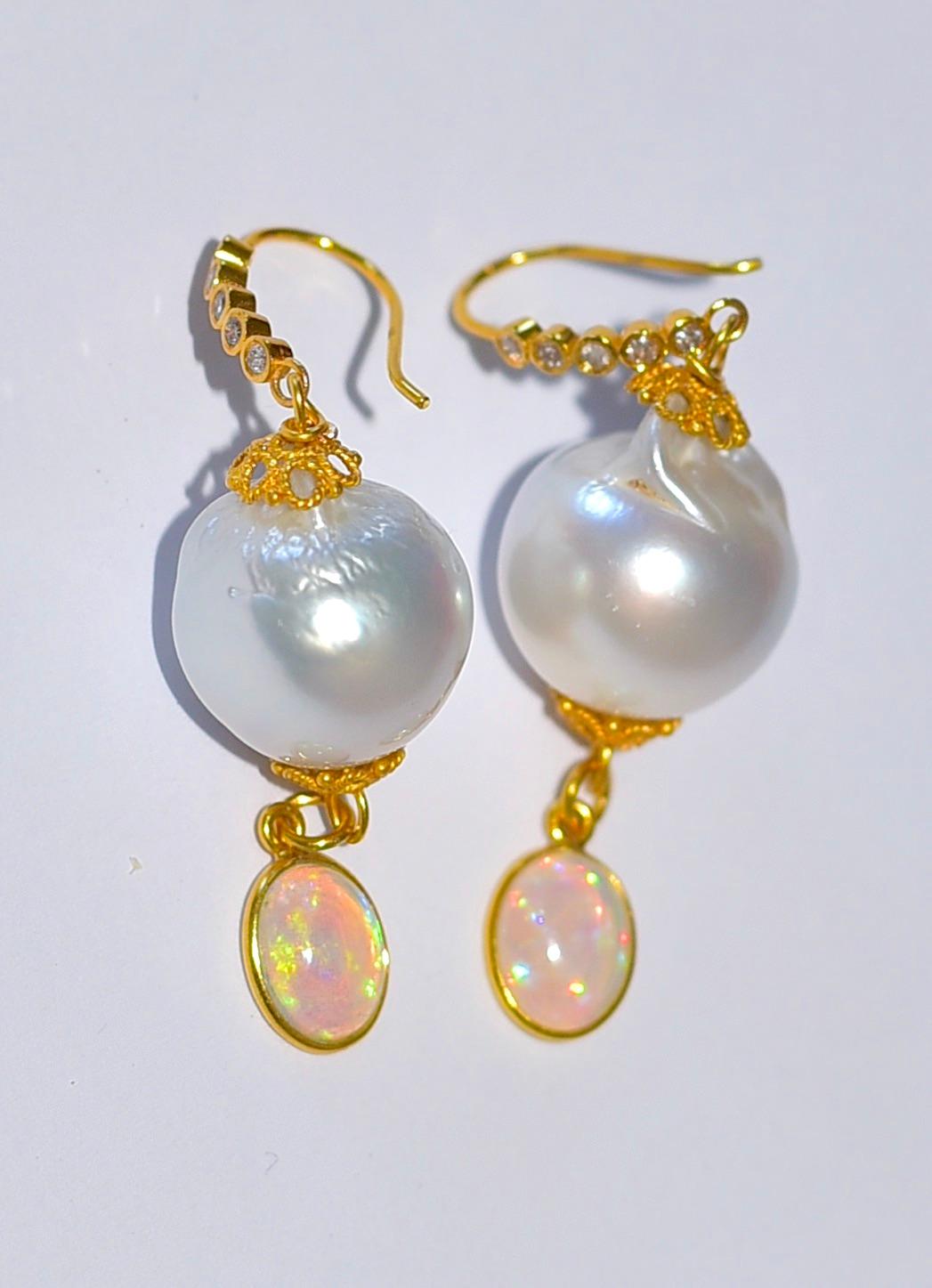 Women's White South Sea Boroque Pearl, Natural Opal Bezel Earrings in 18K Solid Gold For Sale